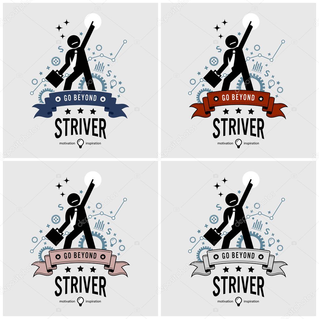 Ambitious businessman aiming high logo design. Vector artwork of an entrepreneur striving for success with motivational and inspirational pose. He point his finger to the top and above.