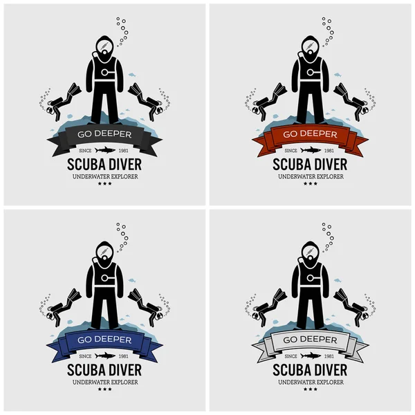 Scuba Diving Logo Ontwerp Vectorillustraties Van Scuba Duiker Verkennen Onderwater — Stockvector