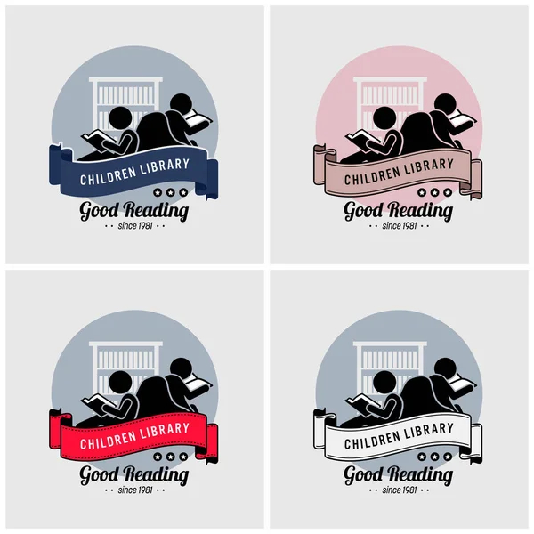 Gyermekek Könyvtár Logo Tervezés Vektoros Grafikát Fiú Lány Olvasás Könyv — Stock Vector