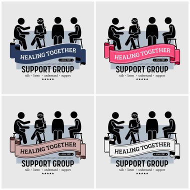 Grup Merkezi logo tasarım desteği. Vektör resimlerle birlikte oturan ve birbirlerine konuşarak destekleyen insanların kendi sorunlarını dinleme, anlama ve vermek tavsiye.