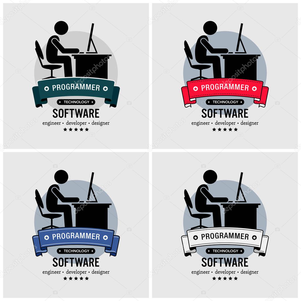 Programmer logo design. Vector artwork of an IT specialist coding and programming with a computer.