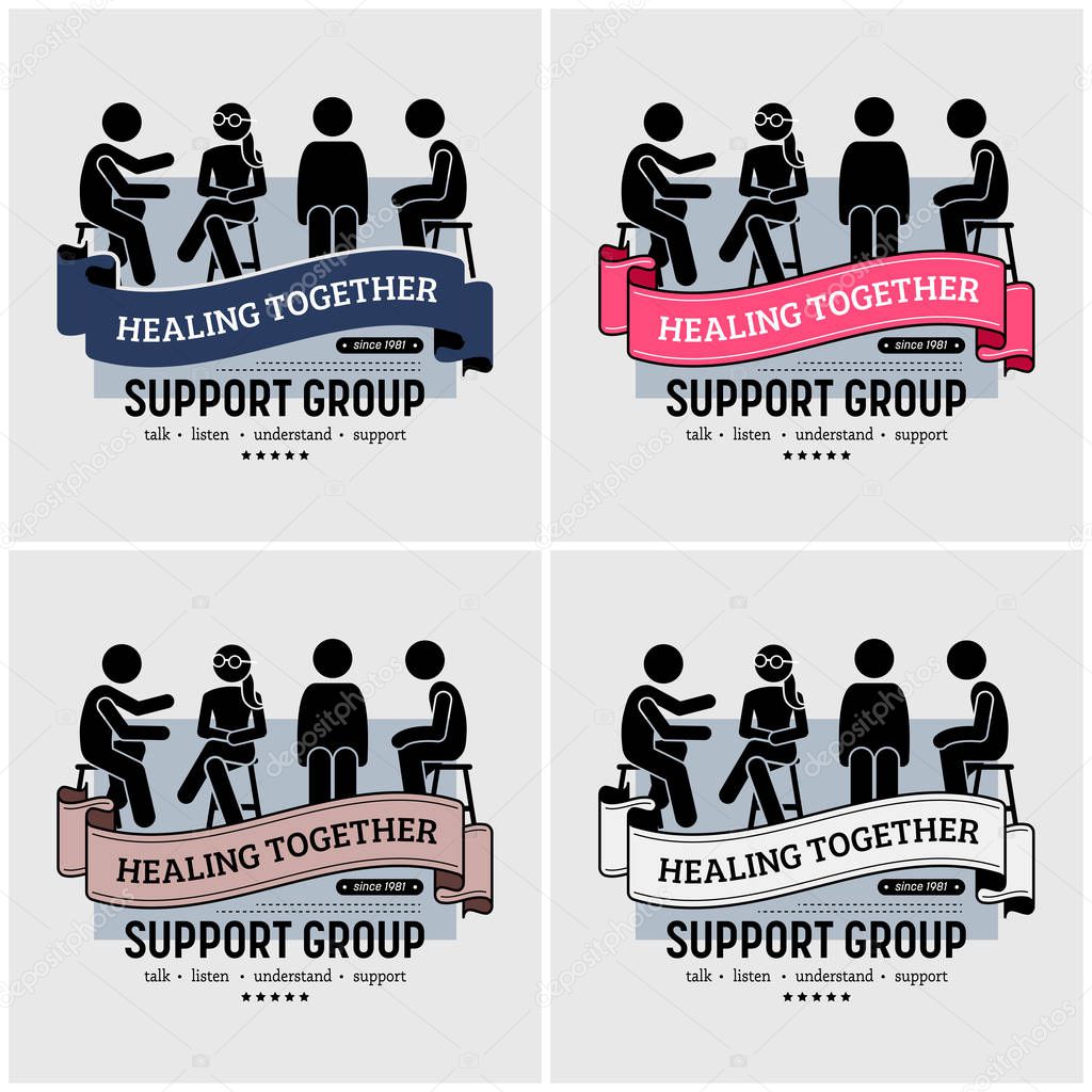 Support group centre logo design. Vector artwork of people sitting together and supporting each other by talking, listening, understanding, and giving advise on their problems.