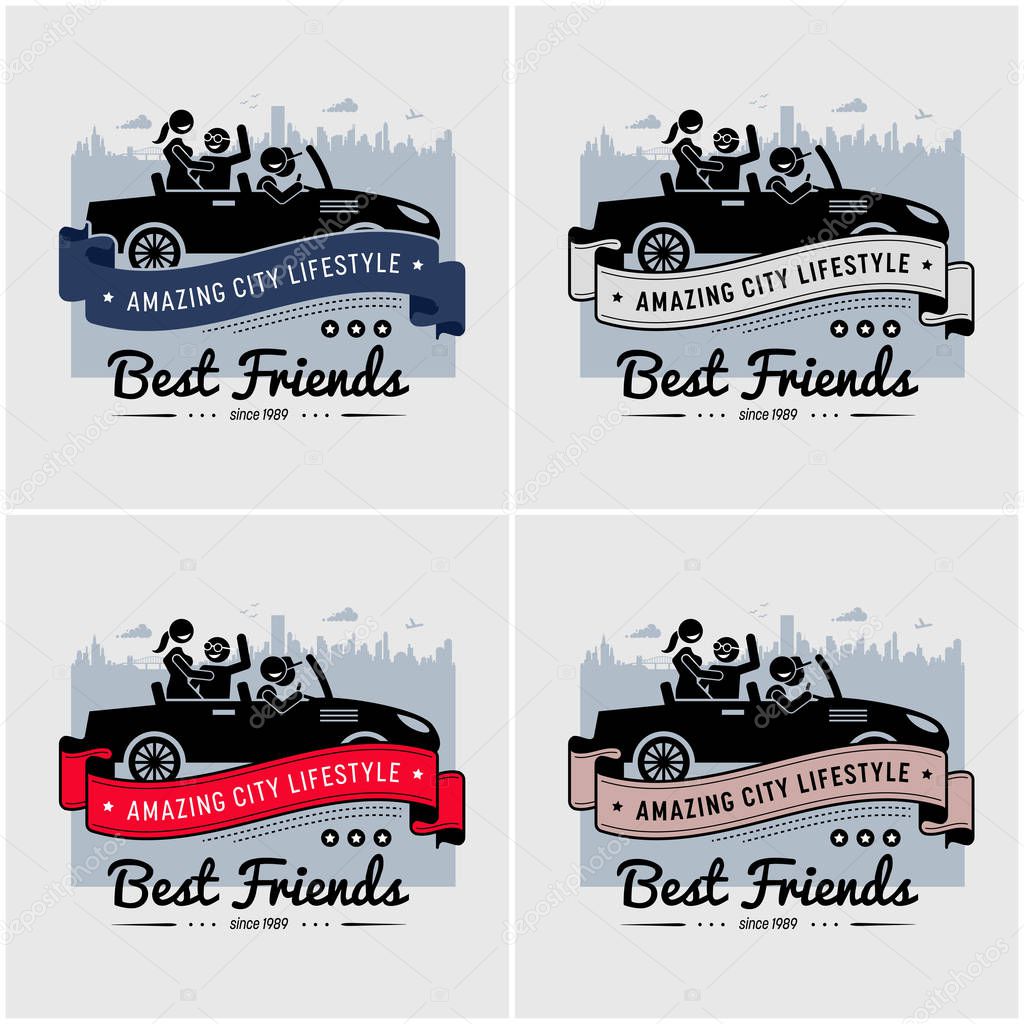 Best friends and friendship logo or banner design. Vector artwork of a group of friend going out with a car touring the city.