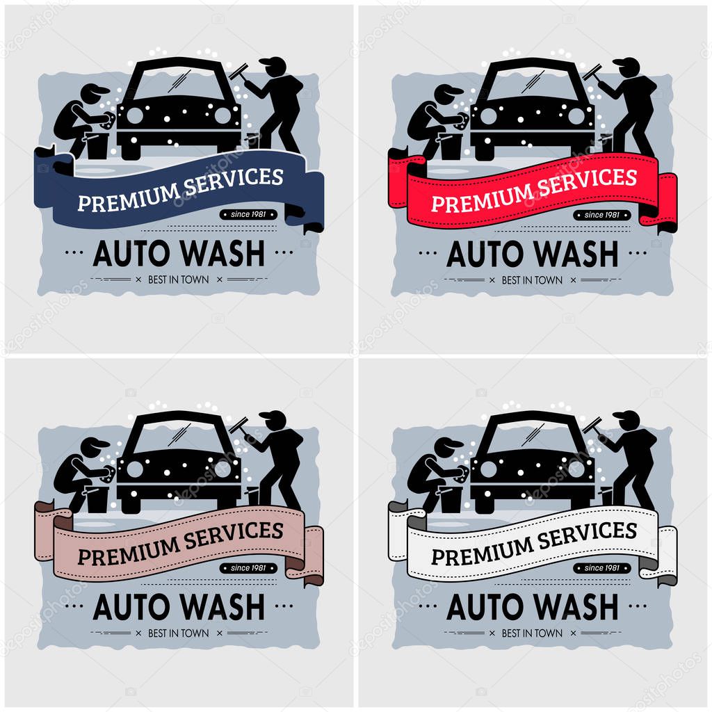 Car wash logo design. Vector artwork of workers washing and polishing a car.