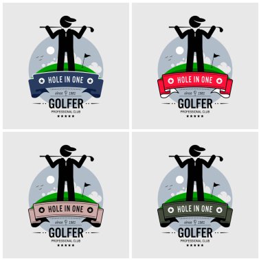 Golf Kulübü logo tasarımı. Vektör çizimleri bir golf sahası alanı ve etraf bir bayrağı önünde poz bir golfçü.