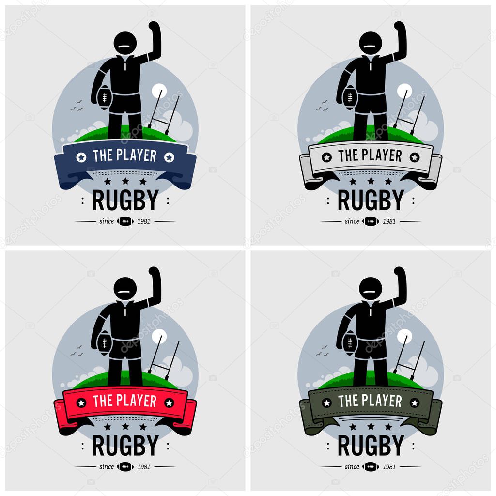 Rugby club logo design. Vector artwork of strong rugby player holding a ball posing in front of a field.