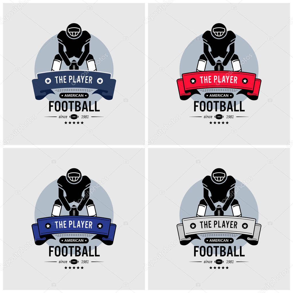 American football club logo design. Vector artwork of American football player squatting and holding a ball.