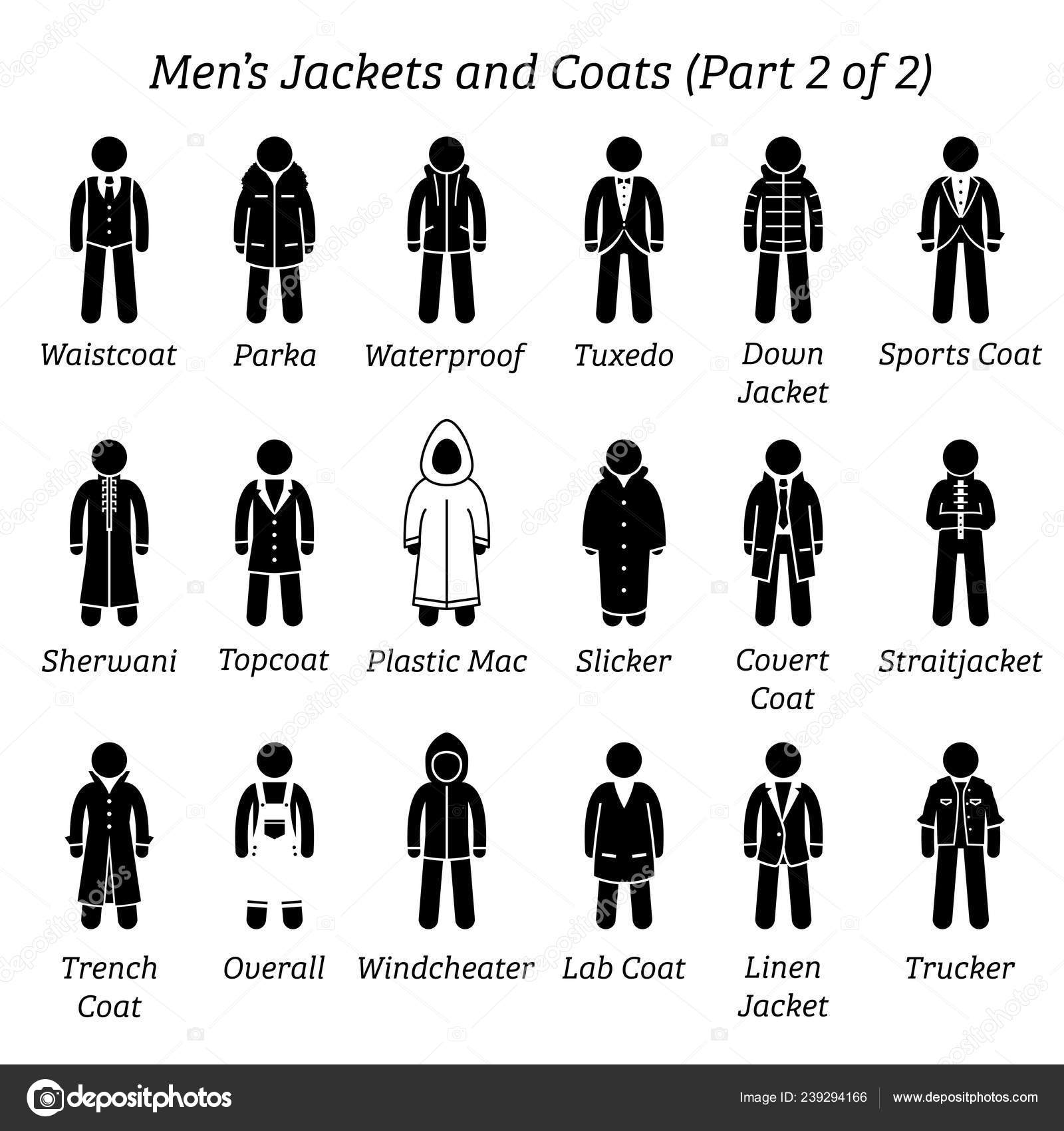 Men Jackets Coats Stick Figures Depict Set Different Types Jackets ...