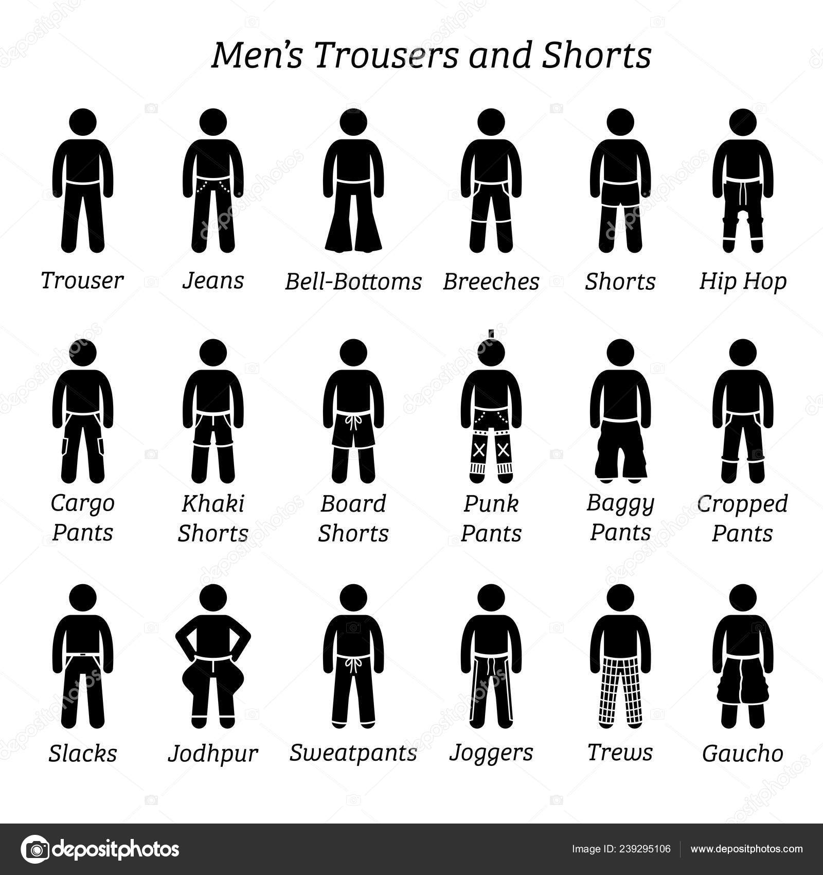 Men Trousers Pant Shorts Stick Figures Depict Set Different