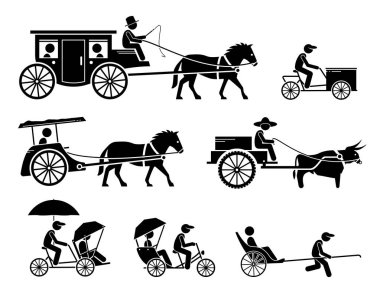 Geleneksel, eski ve antik zemin taşıma kümesi. Dokar, dogcart, at arabası araba, kargo bisiklet, bullock sepeti, trishaw, çekçek ve at çizilmiş araç sembollerin tasvir.