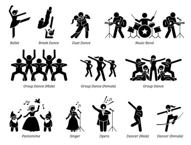 Müzikal, dans ve tiyatro gösterisi için sahne sanatçıları. Pictogram bale, dansçılar, müzik grubu, pandomim ve şarkıcıları betimler.. 
