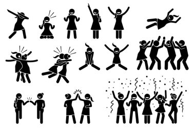 Female, girl, or woman celebration poses and gestures. Artwork shows girl celebrating by dabbing, raising hands, jumping up, hug, chest bump, high five, throwing person the air and group celebration.  clipart
