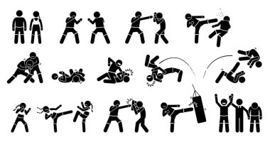 Karışık dövüş sanatları eylemler Mma. Piktogram gösteriyor Mma savaşçıları ile savaşmak ve mücadele teknikleri. Bu Mma erkek ve dişi pozlar yumruk, tekme, blok filika, chocking, atma ve eğitim vardır.