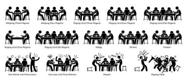 People playing game card, poker card, and mahjong on the table. Pictogram depicts different number of players, reactions, emotions, feelings, and actions of the men who are playing the game card. clipart