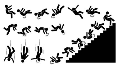 Man falling and felling down. Pictogram shows a person fall down and knock on different parts of the body. The injuries are on back, elbow, head, knee, and neck. He also fell down from the staircases. clipart