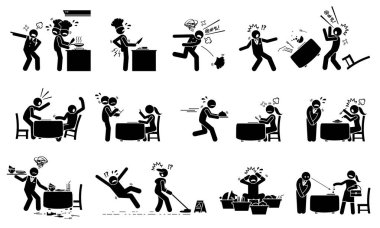 Kaotik restoran ve meşgul işçiler. Restoran yetersiz ve çalışanların çalışıyorlar. Müşteriler mutsuz ve yiyecek ve hizmetleri hakkında şikayetçi. Aşçı ve garson çok meşgul.