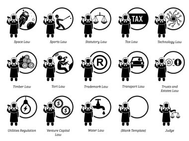Different type of laws. Icons depict field and area of laws, justice, jurisdictions, regulations, and legal system. Part 7 of 7. clipart