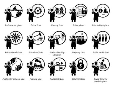 Different type of laws. Icons depict field and area of laws, justice, jurisdictions, regulations, and legal system. Part 6 of 7. clipart