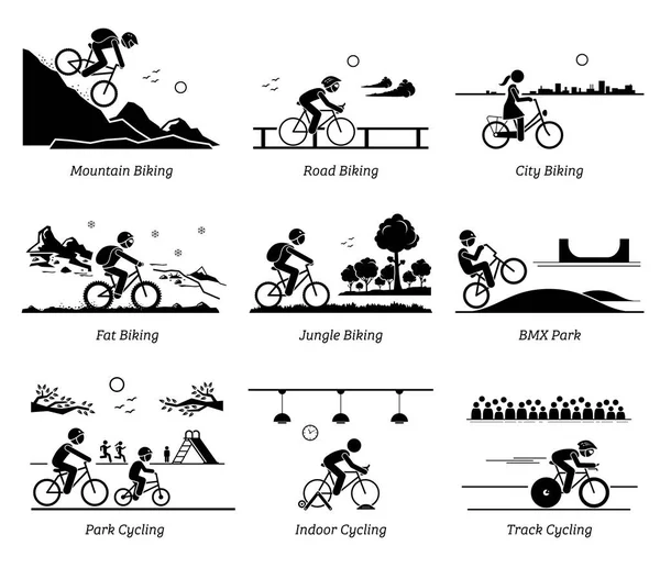 Cyklist Cykla Och Cyklar Olika Platser Piktogram Skildra Cykling Berget — Stock vektor