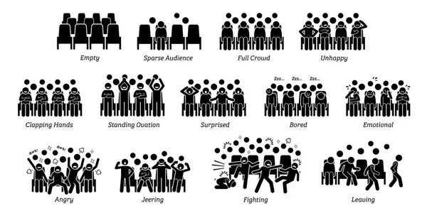 Público Multitud Gente Reacciones Hacia Actuación Escenario Los Pictogramas Representan — Archivo Imágenes Vectoriales