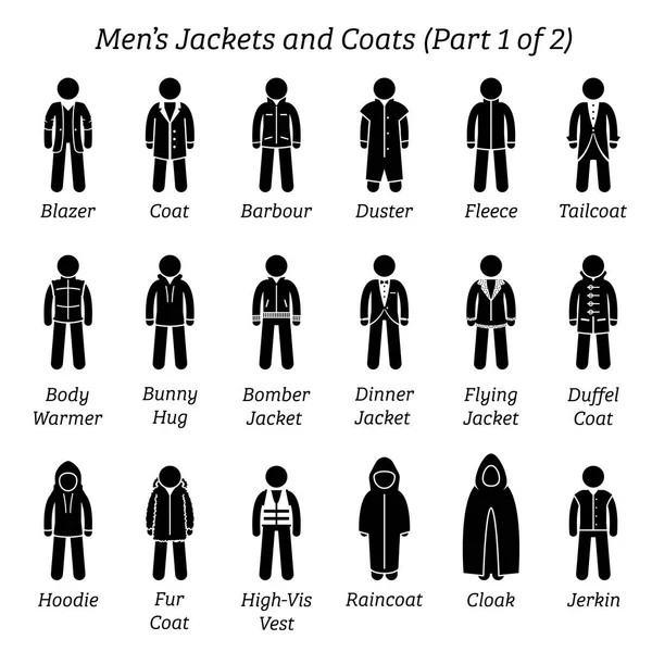 Hombres Chaquetas Abrigos Figuras Palo Representan Conjunto Diferentes Tipos Chaquetas — Vector de stock