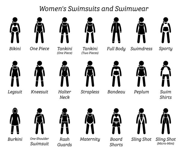 Женщины в купальниках и купальниках. Фигуры палочек изображают различные типы одежды купальников от женщины, женщины, девушки или женщины.