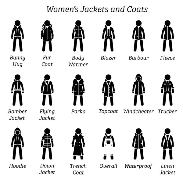 女式夹克和大衣 图中的图标描绘了一套不同类型的夹克和大衣 这种时尚服装设计是由妇女 女士和女孩穿 — 图库矢量图片