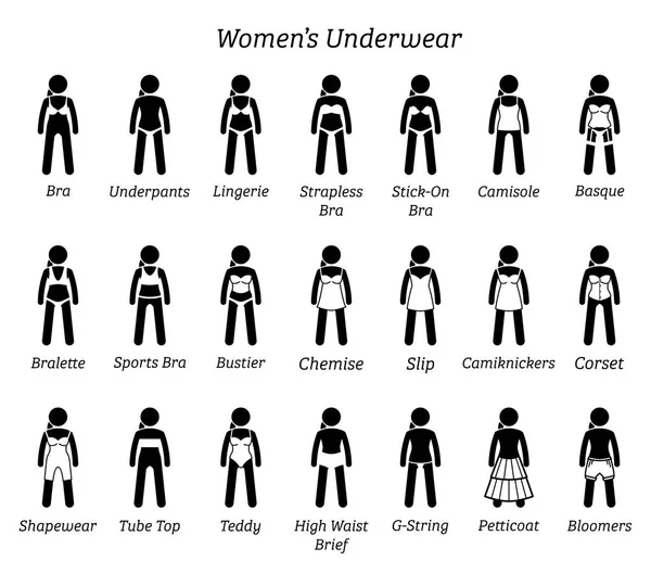 Women Underwear Lingerie Undergarments Stick Figures Depict Set Different Type — Stock Vector