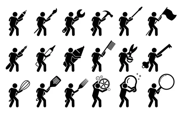 Stick Figure Bâton Homme Utilisant Divers Outils Équipements Comprend Des — Image vectorielle