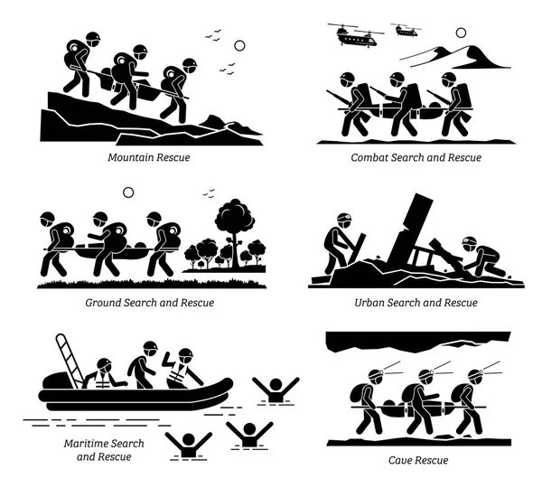Operaciones Búsqueda Rescate Las Ilustraciones Representan Operación Sar Montaña Combate — Archivo Imágenes Vectoriales