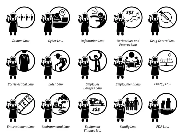 Different Type Laws Icons Depict Field Area Laws Justice Jurisdictions — Stock Vector