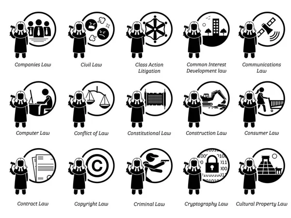 不同类型的法律 图标描绘了法律 司法管辖区 法规和法律体系的领域和领域 部分2的7 — 图库矢量图片
