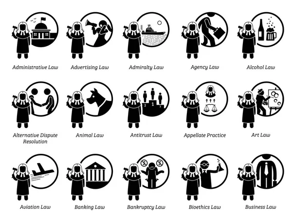 Diversi Tipi Leggi Icone Raffigurano Campo Area Leggi Giustizia Giurisdizioni — Vettoriale Stock