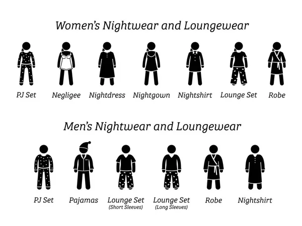 男男女女睡衣和休闲服的时装设计 木棍图案描绘了不同类型的睡衣 睡衣和在家里或家里穿的衣服 — 图库矢量图片