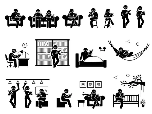 People Reading Book Different Places Pictogram Depicts Man Woman Sitting Vector Graphics