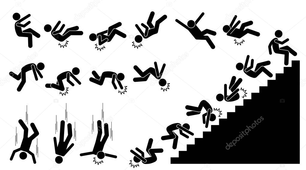 Man falling and felling down. Pictogram shows a person fall down and knock on different parts of the body. The injuries are on back, elbow, head, knee, and neck. He also fell down from the staircases.