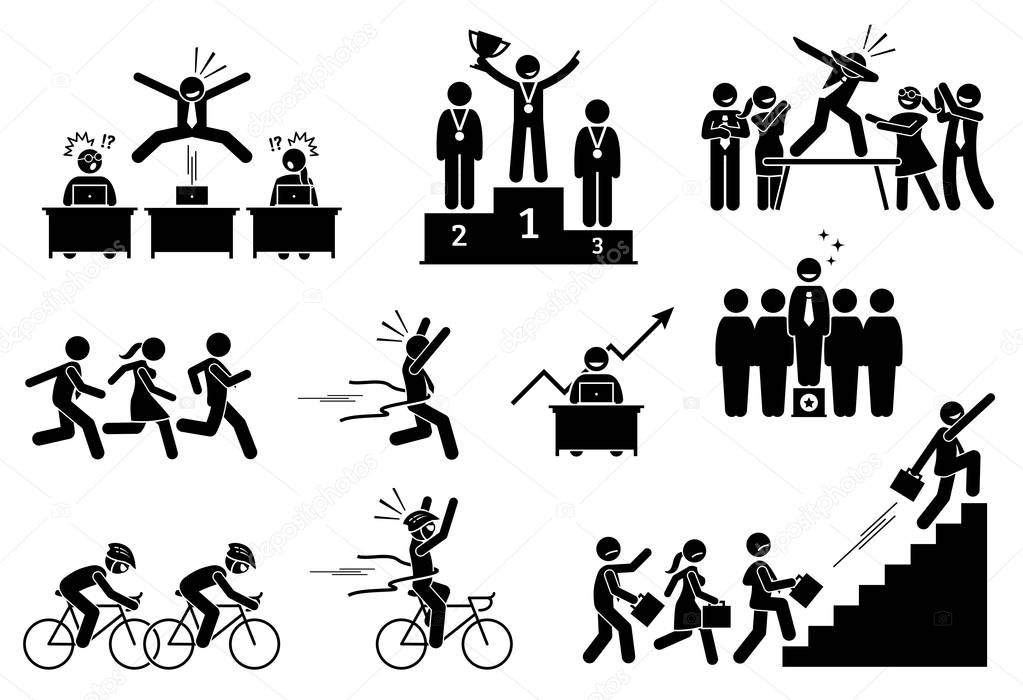 Successful businessman outdoing his colleagues. Pictogram depicts a person surpass, being better, and outperform others. He celebrates his success and achievement for the extraordinary performances.