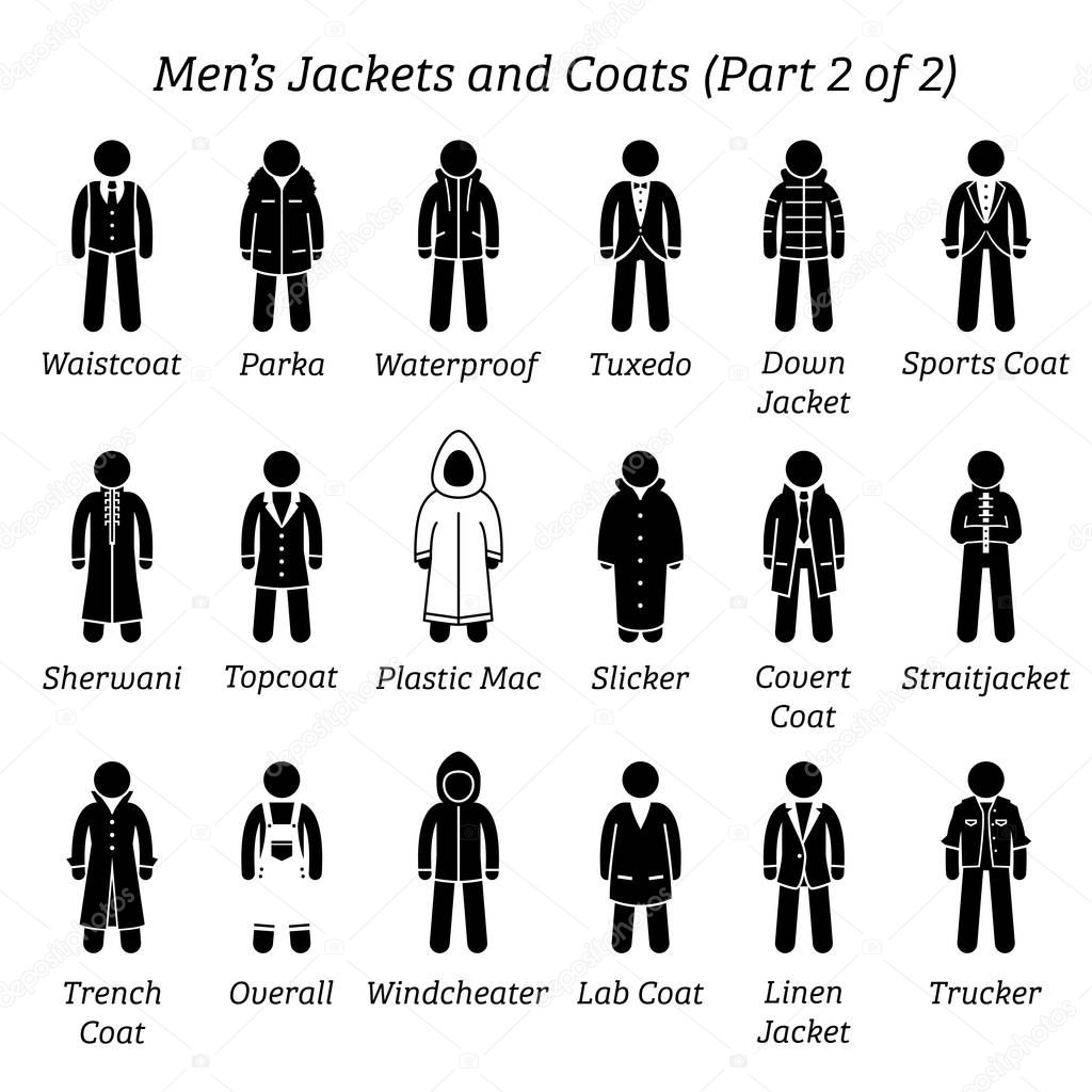 Men jackets and coats. Stick figures depict a set of different types of jackets and coats clothes. This fashion clothings design are wear by men or male. Part 2 of 2.
