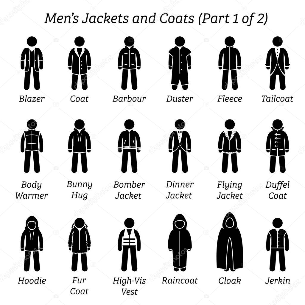 Men jackets and coats. Stick figures depict a set of different types of jackets and coats clothes. This fashion clothings design are wear by men or male. Part 1 of 2.