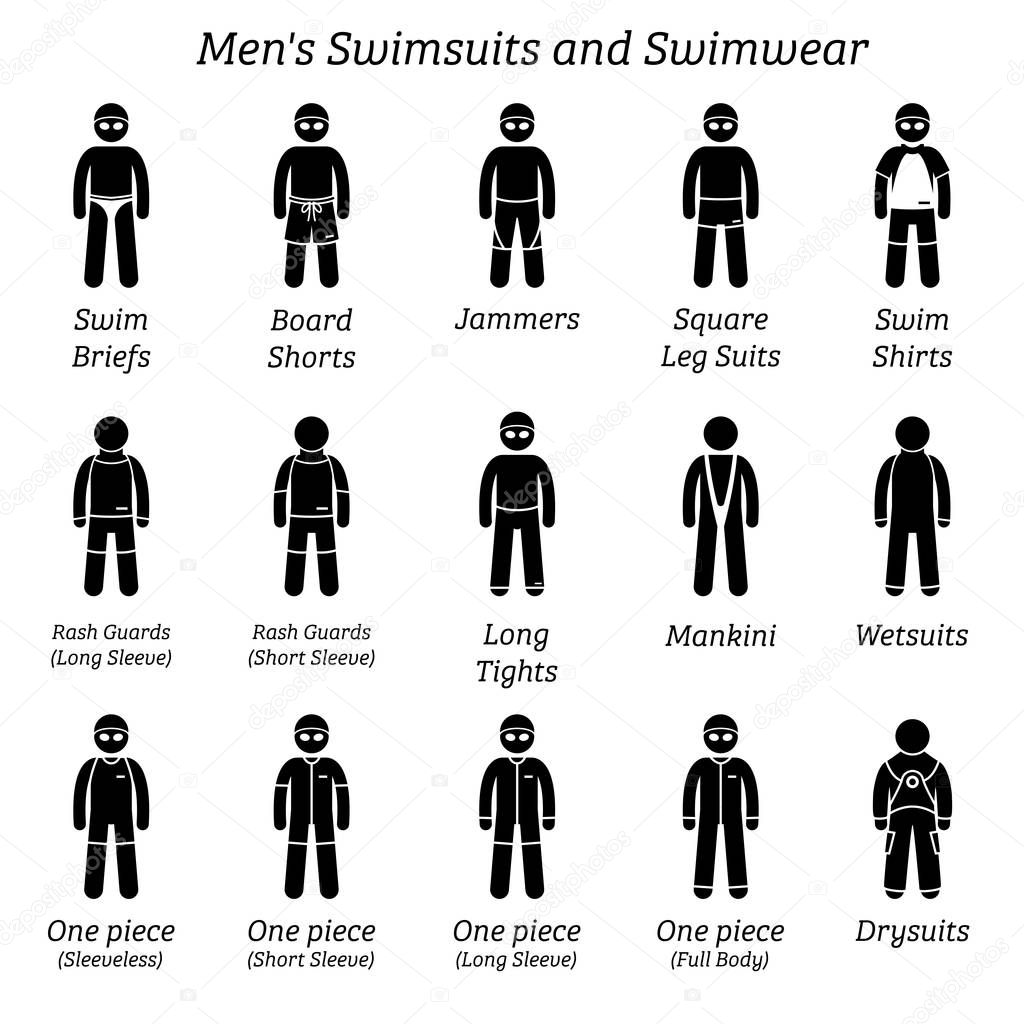 Men swimsuits and swimwear. Stick figures depict different types of swimming suits fashion wear by man or male.