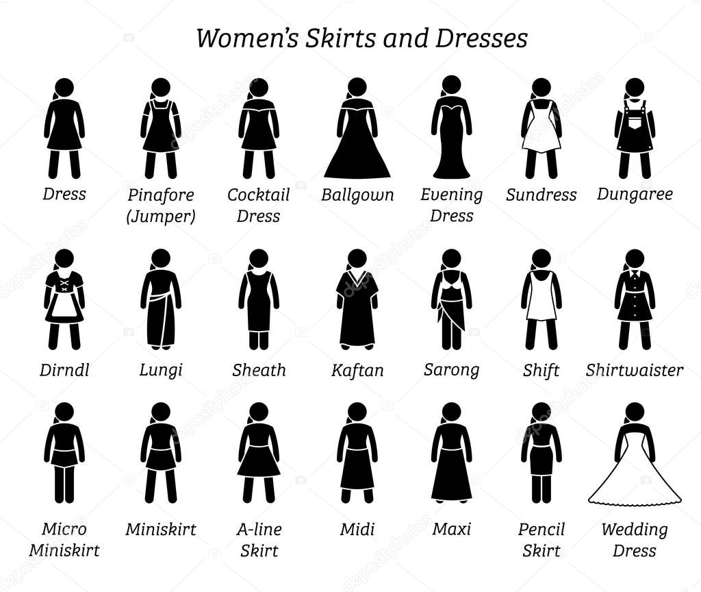Women skirts and dresses. Stick figures depict a set of different types of skirt and dress. This fashion clothings design are wear by woman, female, lady, or girls.