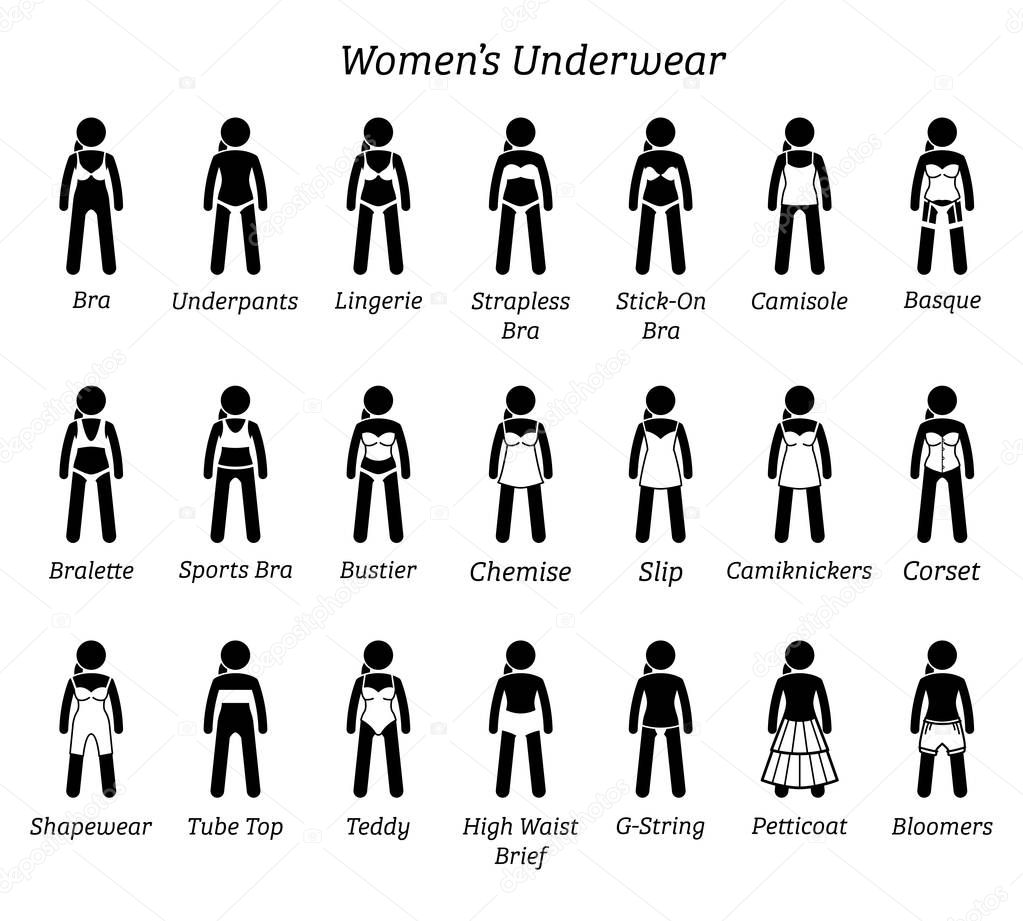 Women underwear, lingerie, and undergarments. Stick figures depict a set of different type of underwear, lingeries, and undergarments. This fashion clothings design are wear by female, lady, or girls.