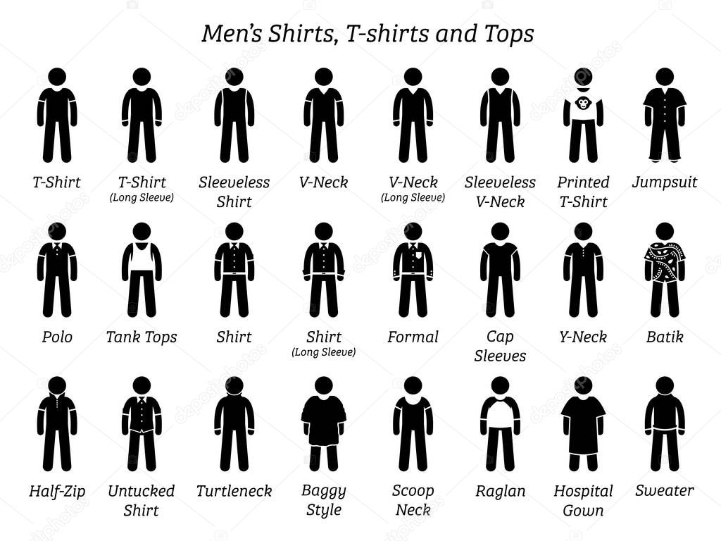 Men shirts, t-shirts, and tops. Stick figures depict a set of different types of shirts, t-shirts, and tops. This fashion clothings design are wear by men or male.