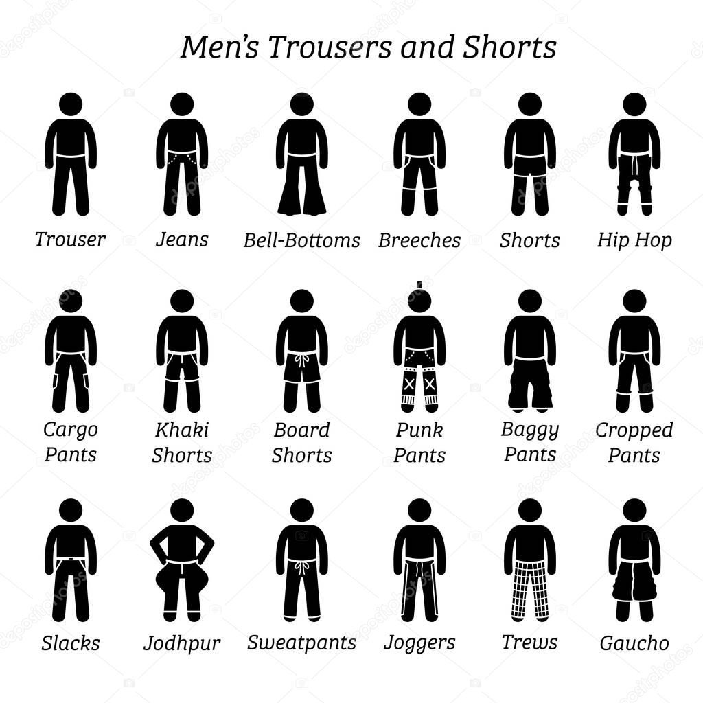Men trousers, pant and shorts. Stick figures depict a set of different types of trousers, pants, and shorts. This fashion clothings design are wear by men or male.
