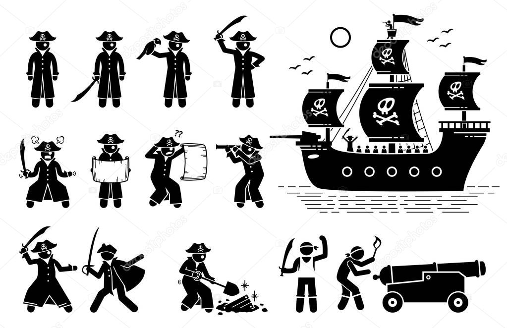 Pirate poses and ship. Stick figure pictogram depicts pirates in different actions such as sword fighting, reading map, using spyglass, finding treasure, firing cannon ball, and sailing on ship. 