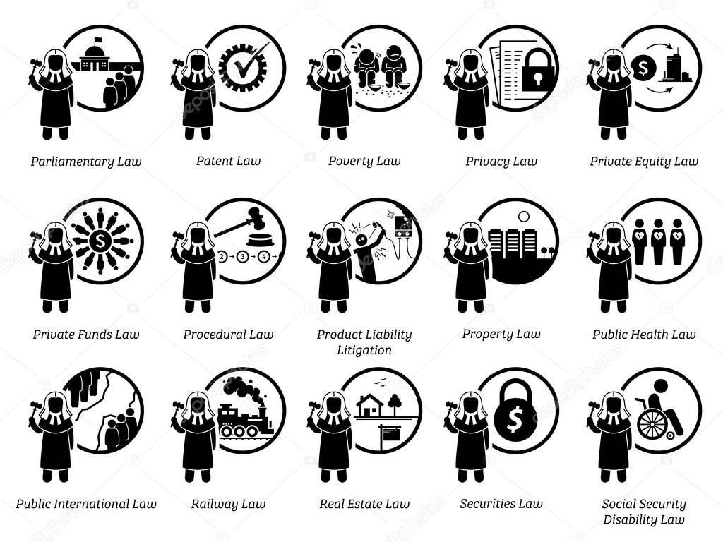 Different type of laws. Icons depict field and area of laws, justice, jurisdictions, regulations, and legal system. Part 6 of 7.