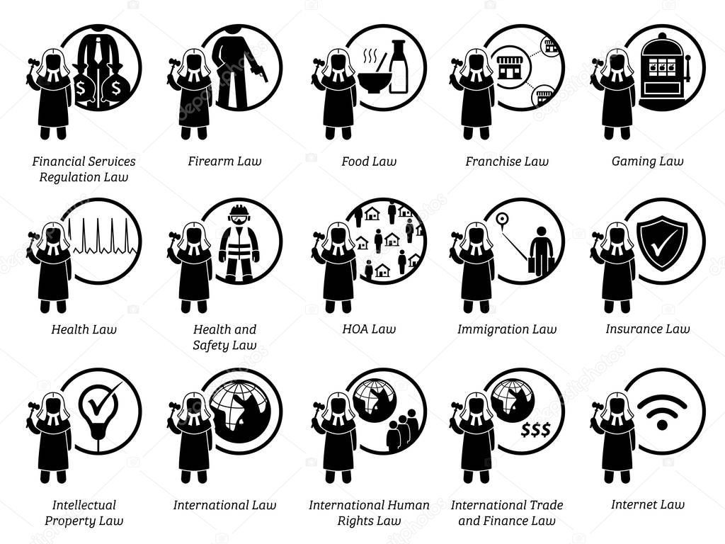 Different type of laws. Icons depict field and area of laws, justice, jurisdictions, regulations, and legal system. Part 4 of 7.