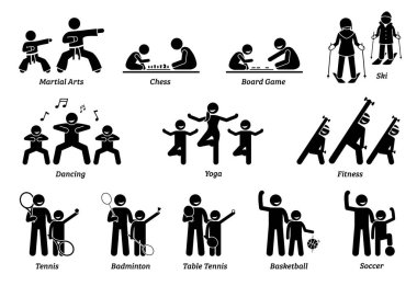 Çocuklar için zenginleştirme programları. Çizimler, çocukların öğrenmesi ve oynaması için spor ve oyunları resmediyor.