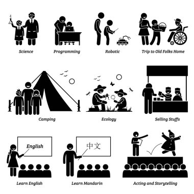 Enrichment program in academic and extra curricular activities for school children. Illustration depict children learning different educational activities at school and outside. clipart