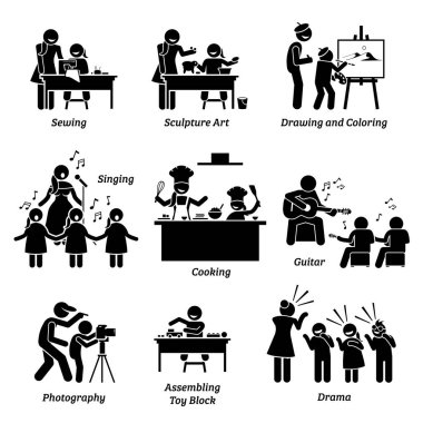 Sanat ve el sanatları zenginleştirme programları çocuklar için. İllüstrasyonlar dikiş, heykel sanat, çizim, Boyama, şarkı, yemek, oyun gitar, Fotoğrafçılık, oyuncak blok ve drama faaliyetlerini tasvir.